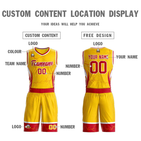 Custom Gold Red-White Graffiti Pattern Sets Lightning Basketball Jersey