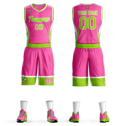 Custom Pink Neon Green-White Graffiti Pattern Sets Lightning Basketball Jersey