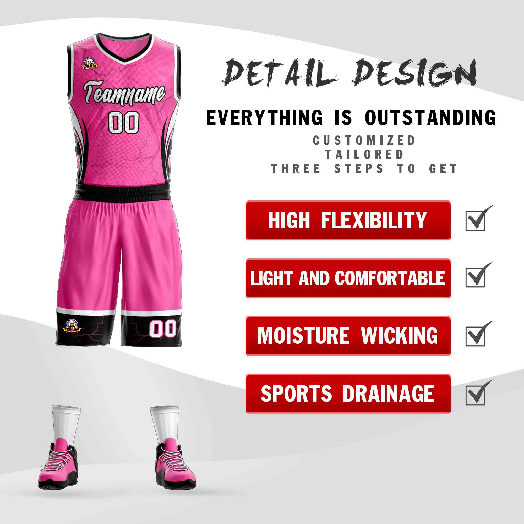 Le motif de graffiti personnalisé rose blanc-noir définit le maillot de basket-ball Lightning