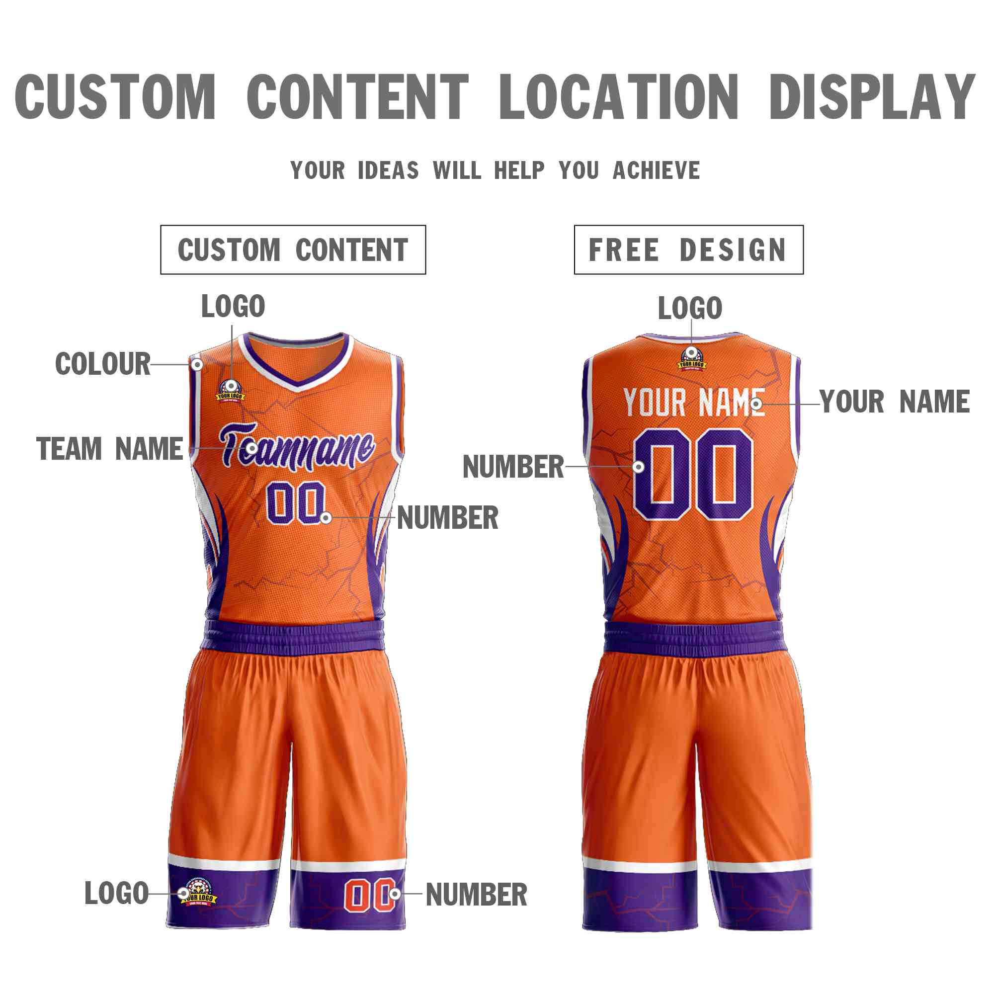 Le motif de graffiti personnalisé Orange violet-blanc définit le maillot de basket-ball Lightning