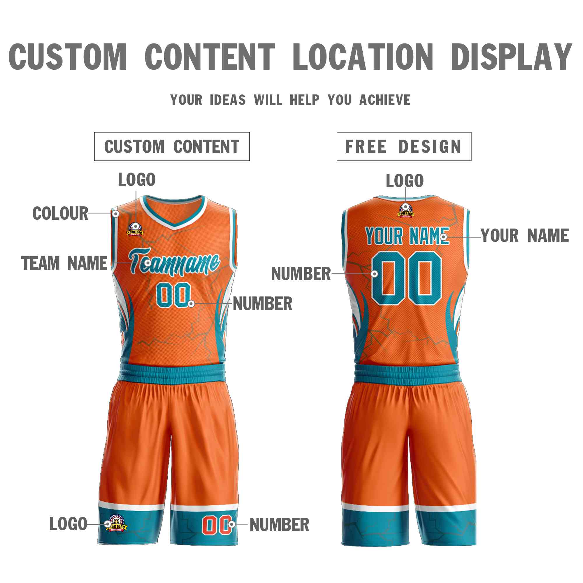 Custom Orange Teal-White Graffiti Pattern Sets Lightning Basketball Jersey