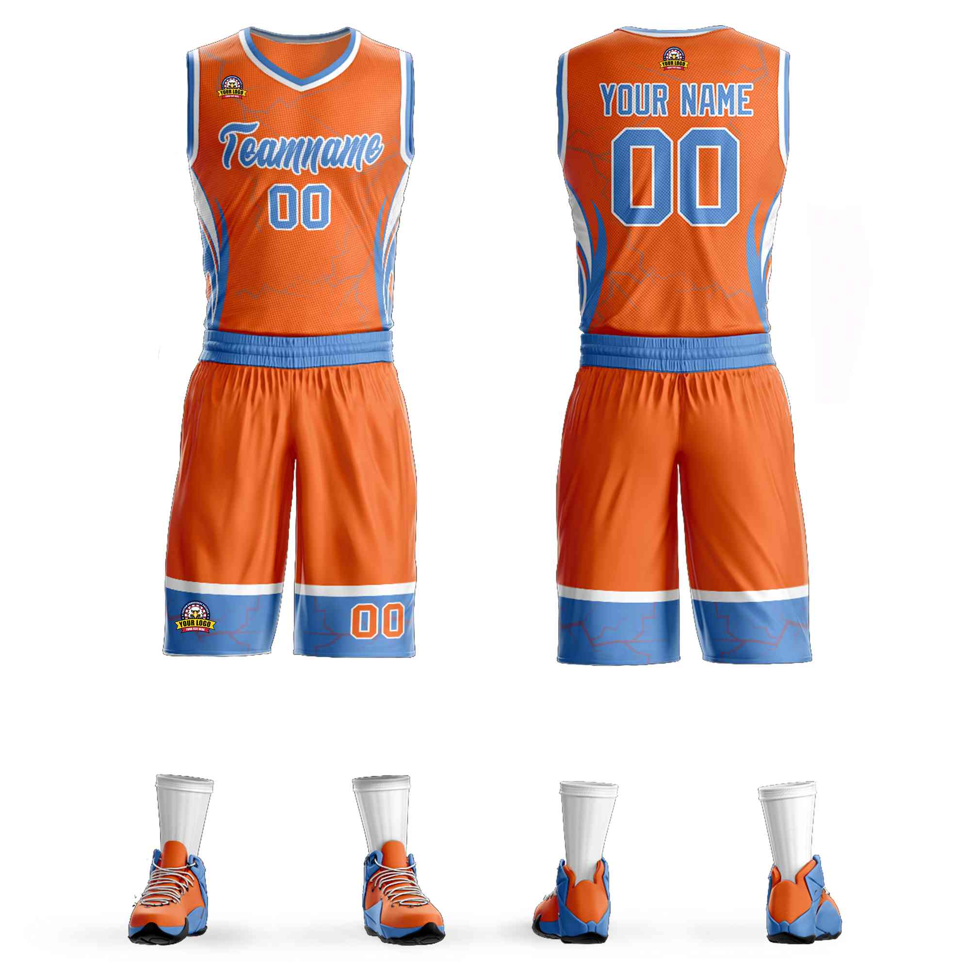 Le motif de graffiti bleu-blanc de poudre orange personnalisé définit le maillot de basket-ball Lightning