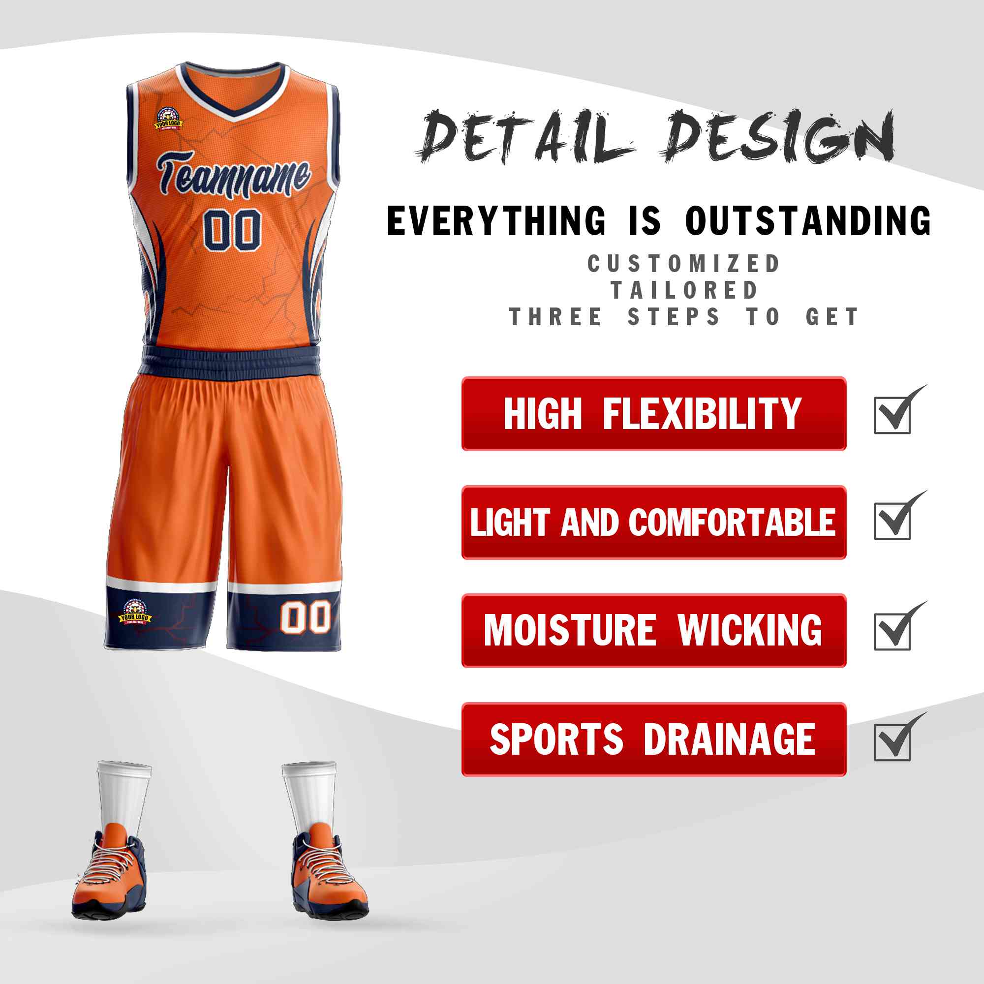 Le motif de graffiti personnalisé Orange marine-blanc définit le maillot de basket-ball Lightning