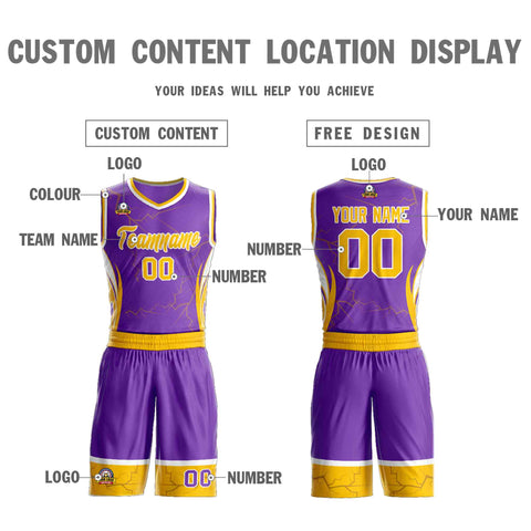 Custom Purple Gold-White Graffiti Pattern Sets Lightning Basketball Jersey