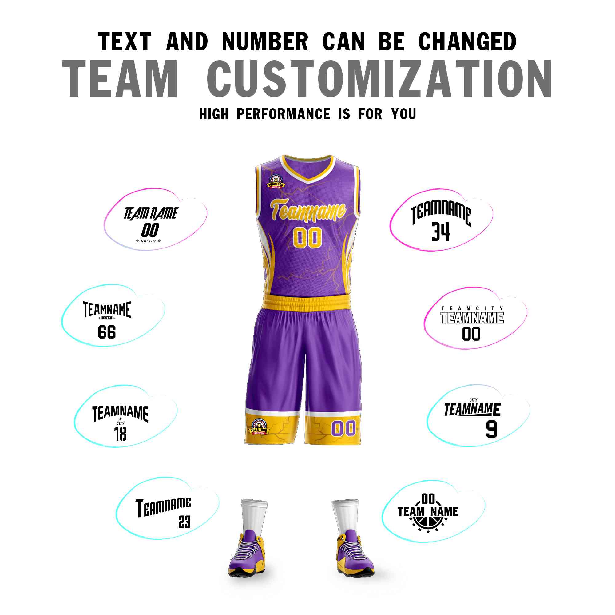 Custom Purple Gold-White Graffiti Pattern Sets Lightning Basketball Jersey