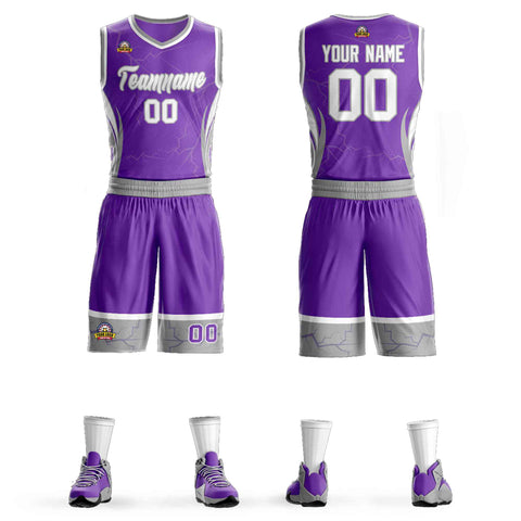 Custom Purple White-Gray Graffiti Pattern Sets Lightning Basketball Jersey