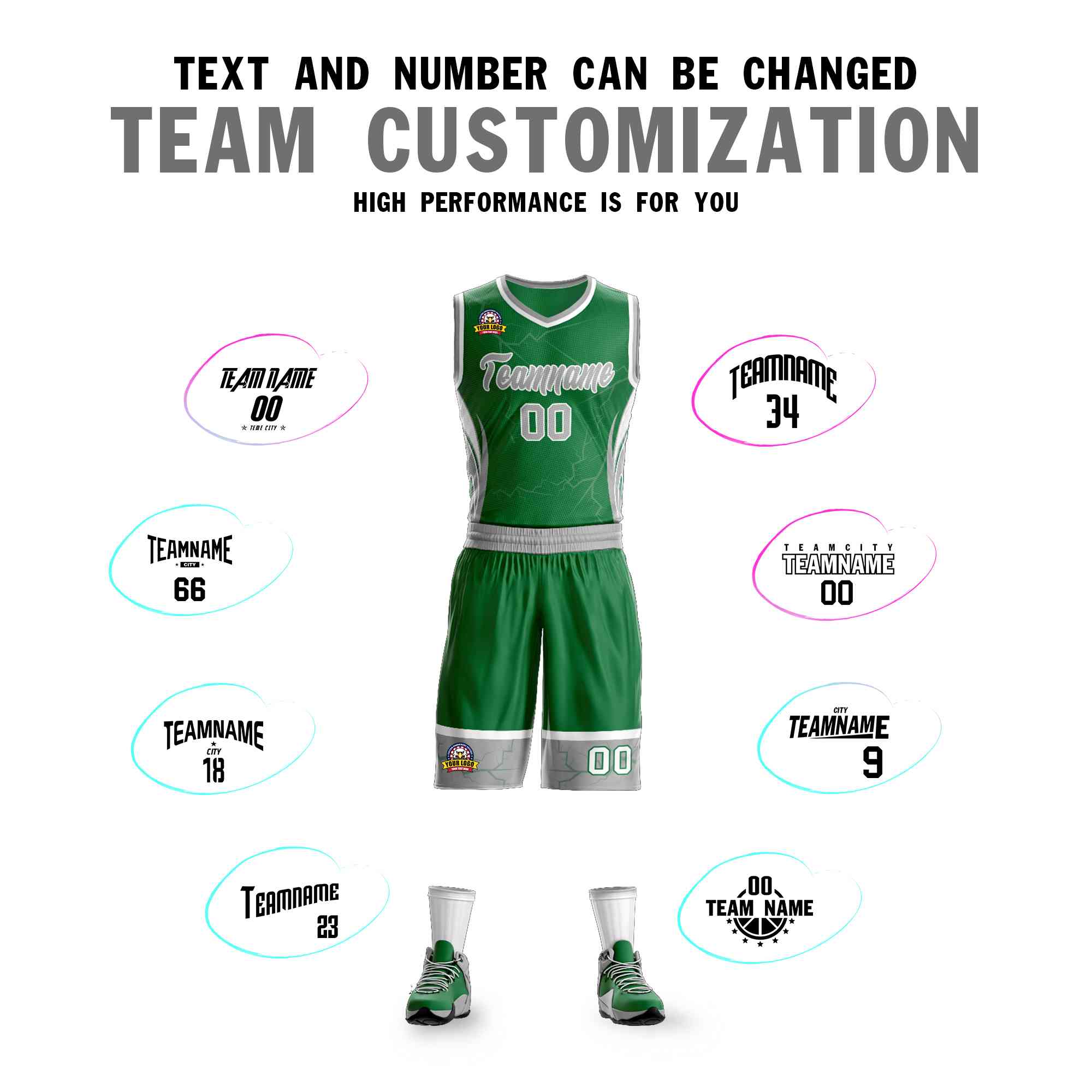 Custom Kelly Green Gray-White Graffiti Pattern Sets Lightning Basketball Jersey