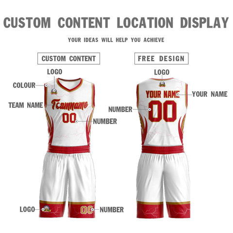 Custom White Red-Old Gold Graffiti Pattern Sets Lightning Basketball Jersey