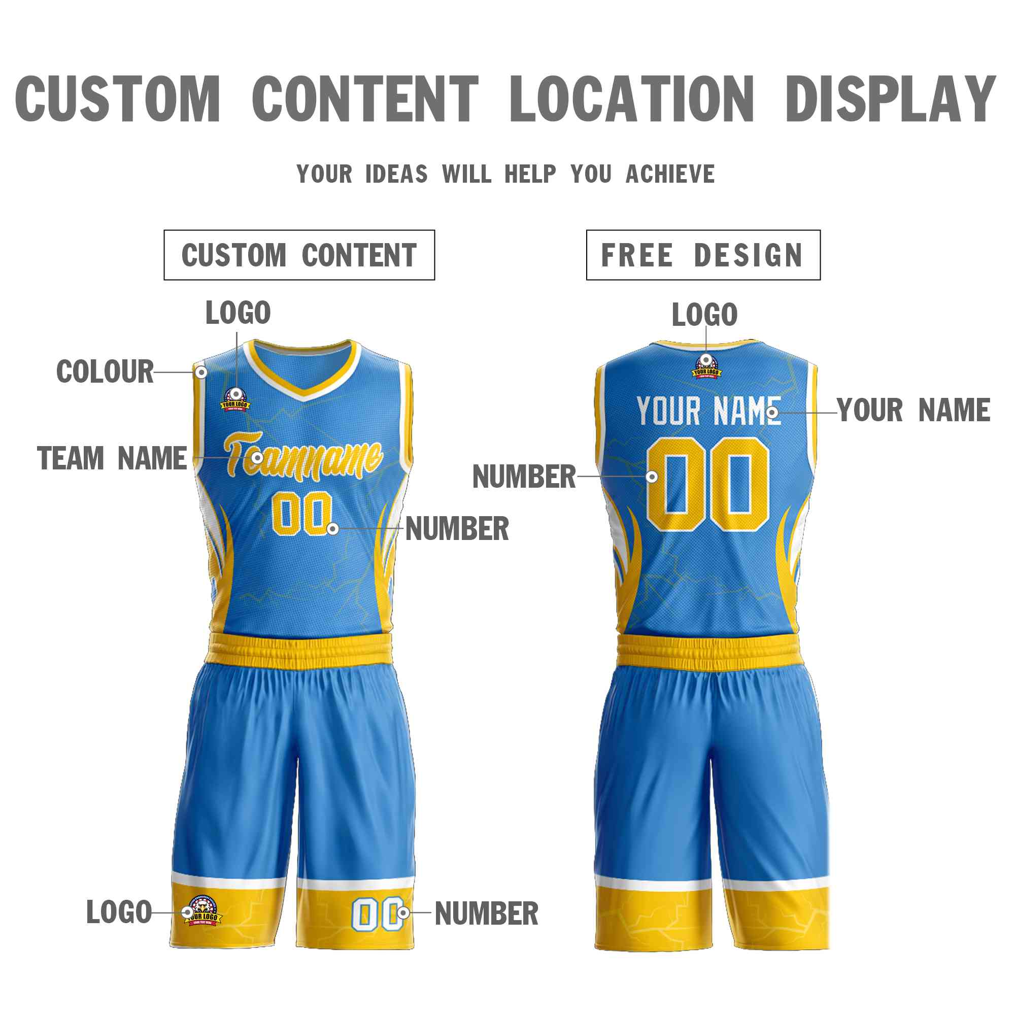 Custom Powder Blue Gold-White Graffiti Pattern Sets Lightning Basketball Jersey