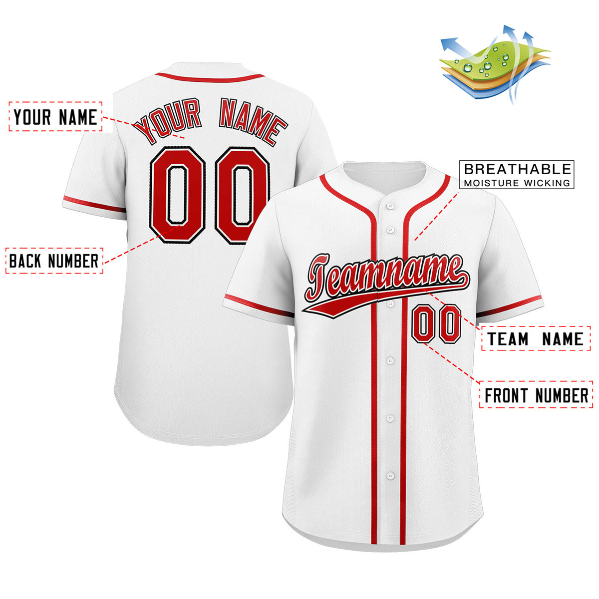 Maillot de baseball authentique de style classique blanc rouge-noir personnalisé