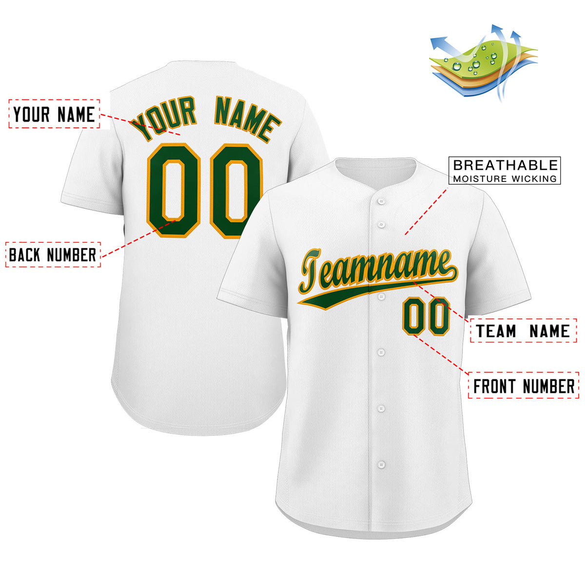 Maillot de baseball authentique de style classique personnalisé blanc vert-vieil or