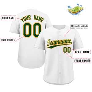 Custom White Green-Old Gold Classic Style Authentic Baseball Jersey