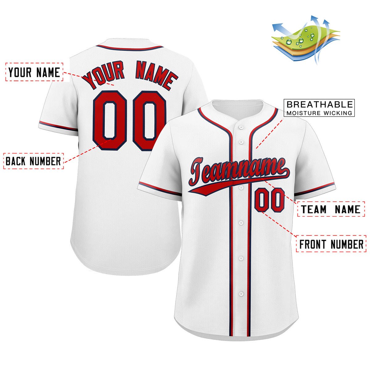 Custom White Red-Navy Classic Style Authentic Baseball Jersey