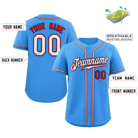Custom Powder Blue White-Red Classic Style Authentic Baseball Jersey