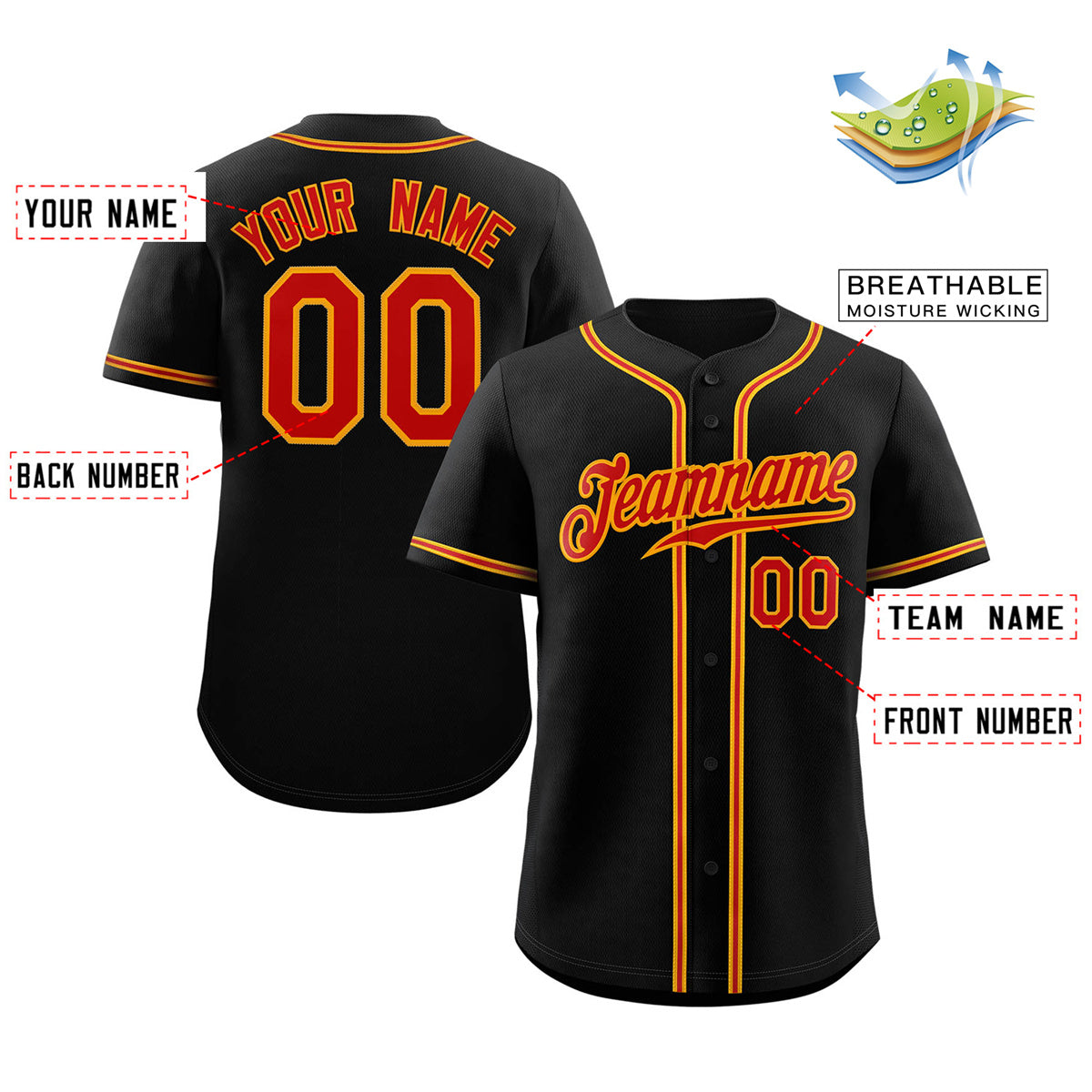 Maillot de baseball authentique de style classique noir rouge-orange personnalisé