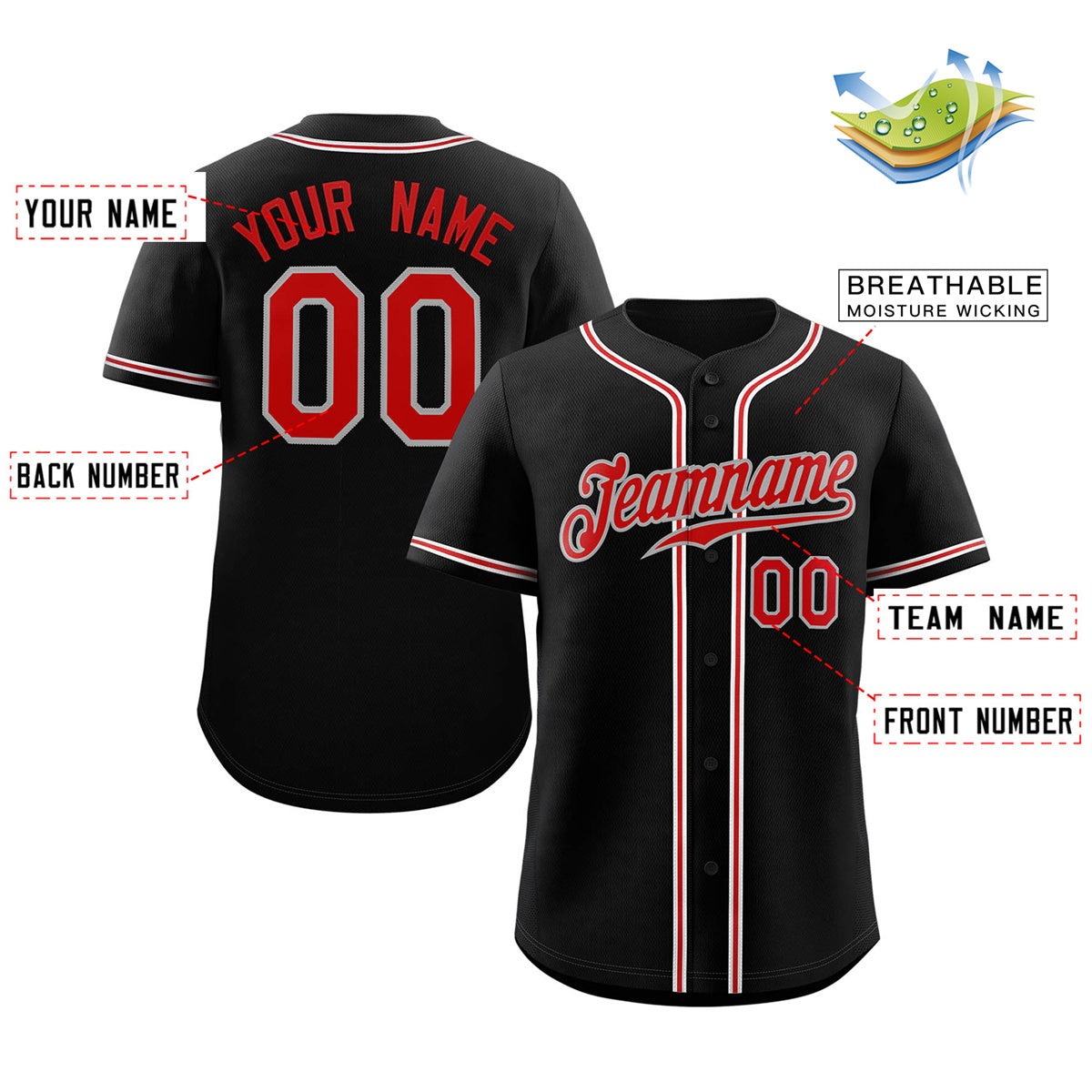 Custom Black Red-Gray Classic Style Authentic Baseball Jersey