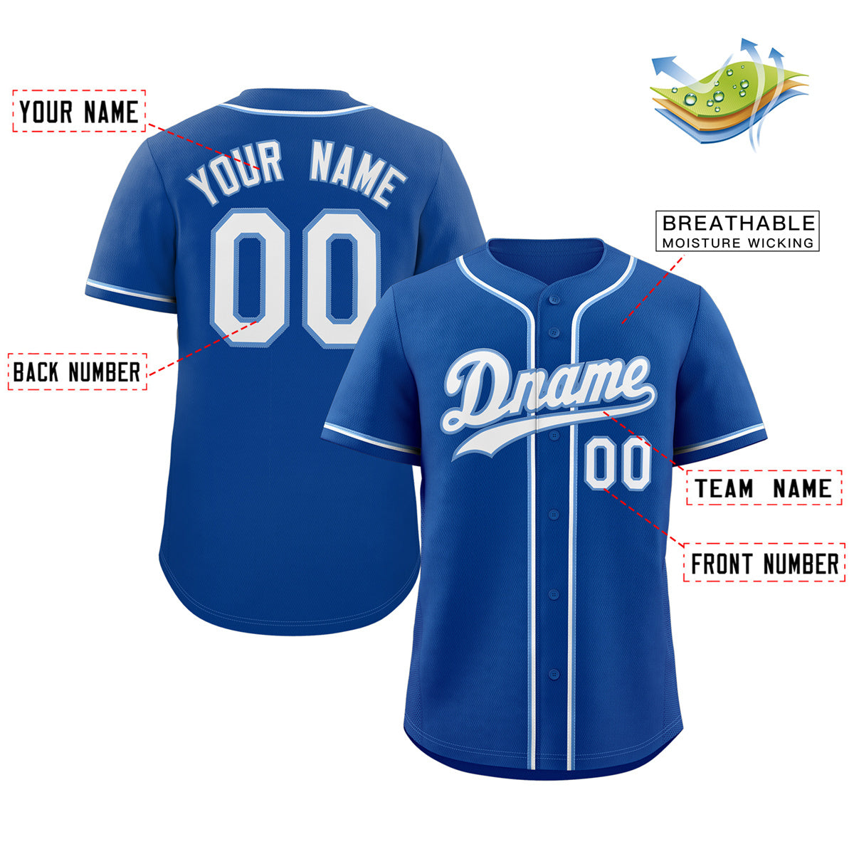 Maillot de baseball authentique de style classique Royal blanc-bleu clair personnalisé