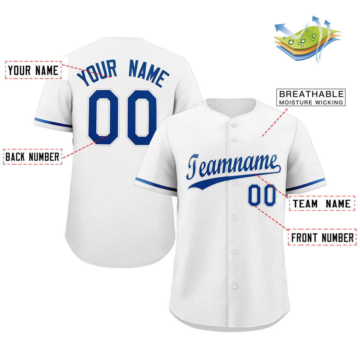 Maillot de baseball authentique de style classique royal blanc personnalisé