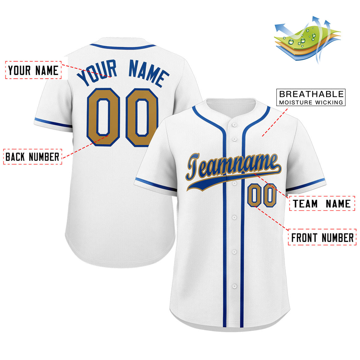 Maillot de baseball authentique de style classique blanc Royal-Old Gold personnalisé