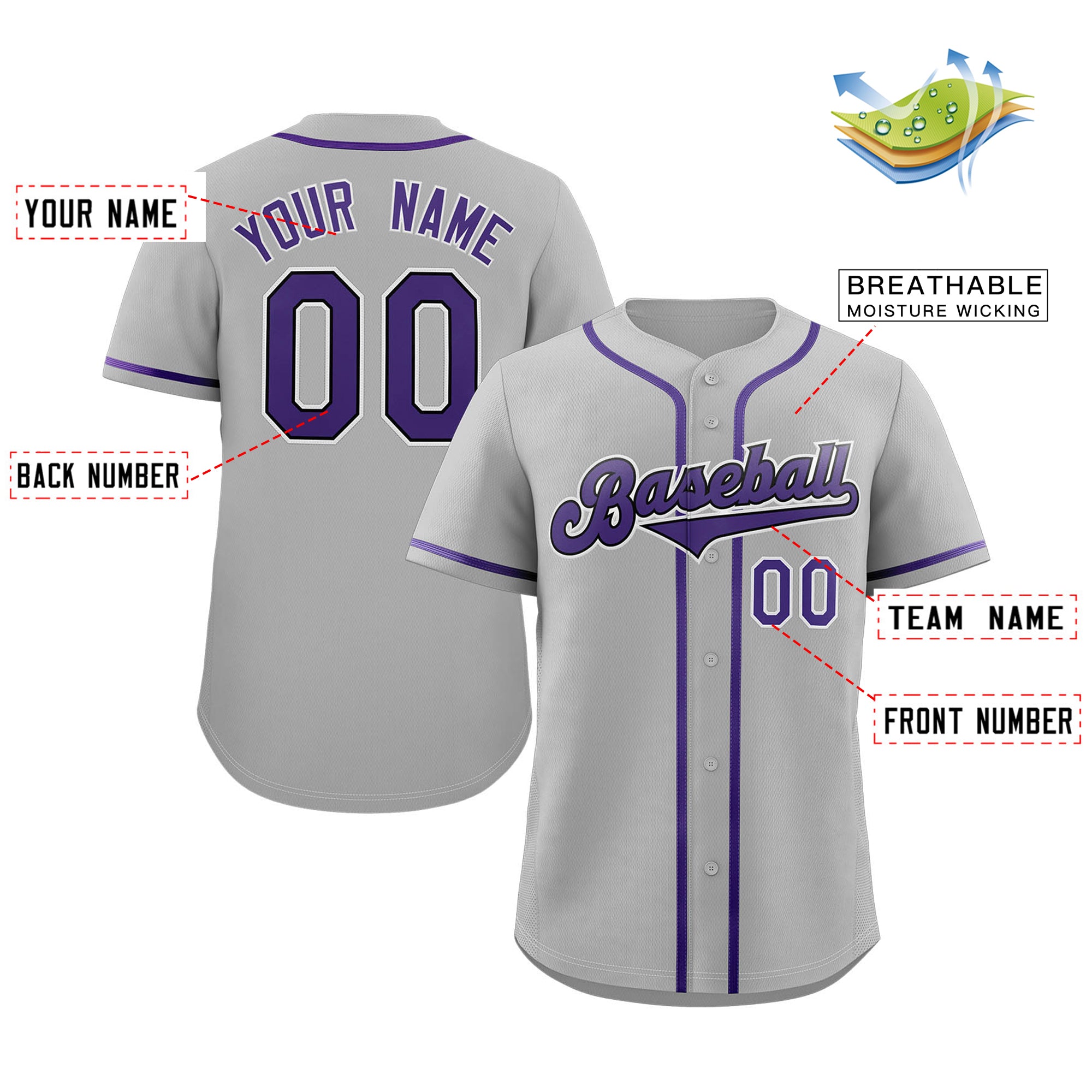 Maillot de baseball authentique de style classique gris violet-noir personnalisé