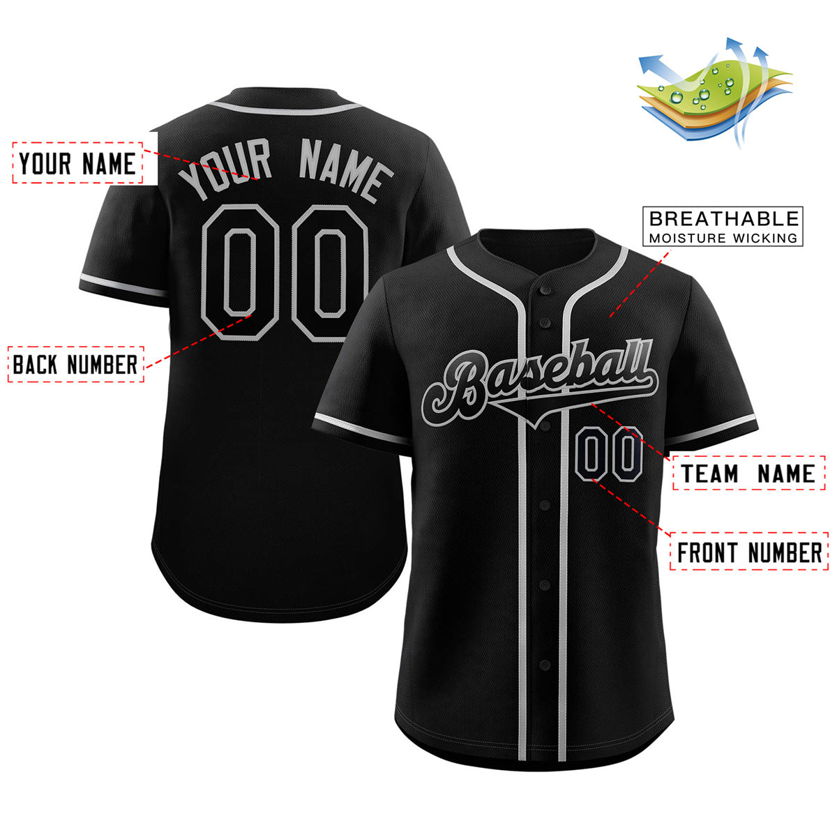 Maillot de baseball authentique de style classique noir noir-gris personnalisé