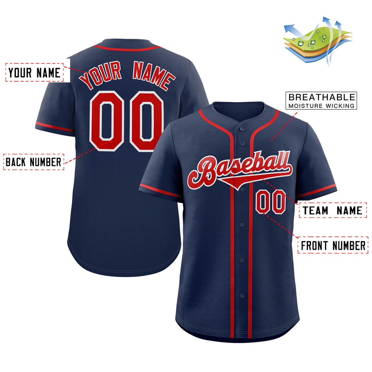 Custom Navy Red-White Classic Style Authentic Baseball Jersey