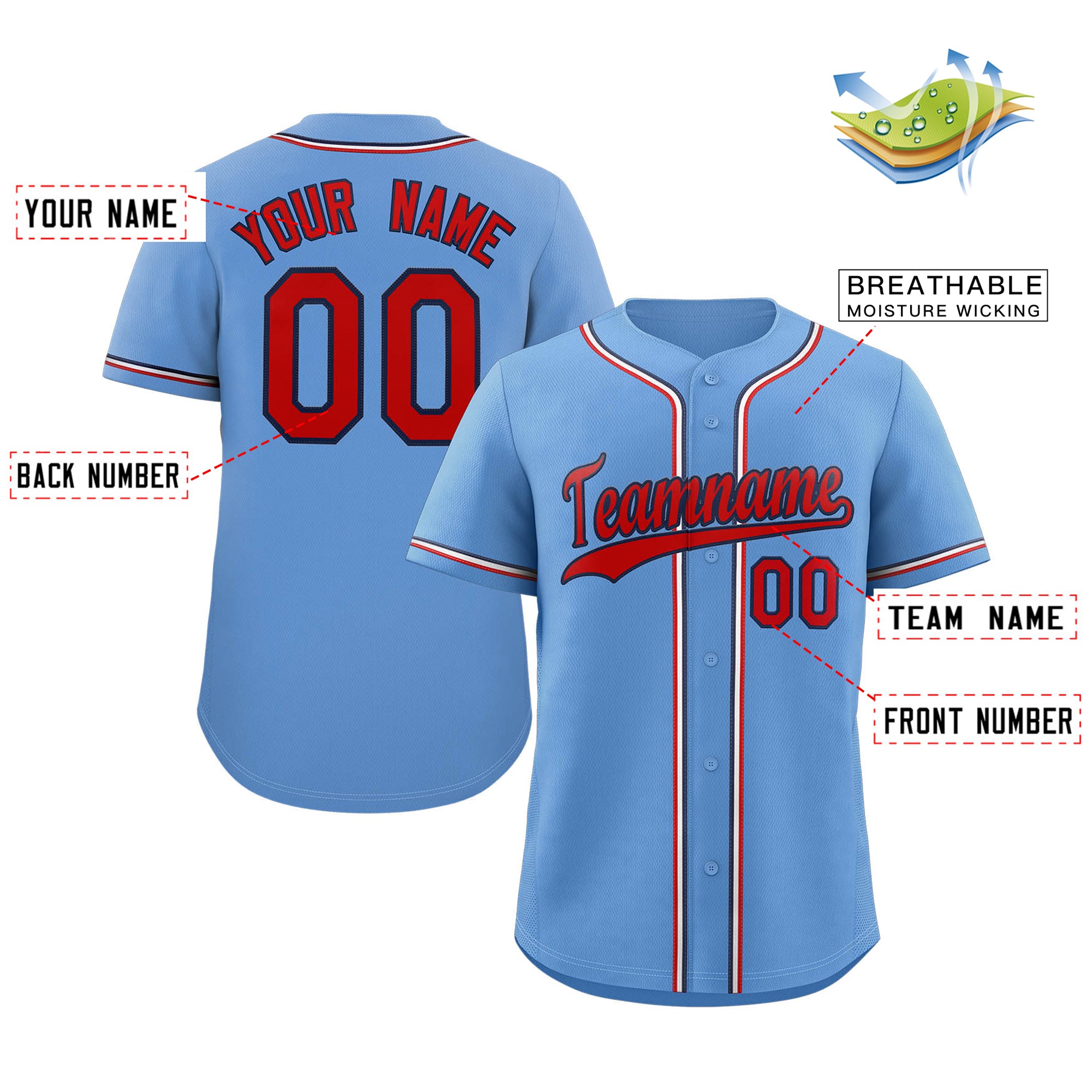 Custom Light Blue Red-Navy Classic Style Authentic Baseball Jersey