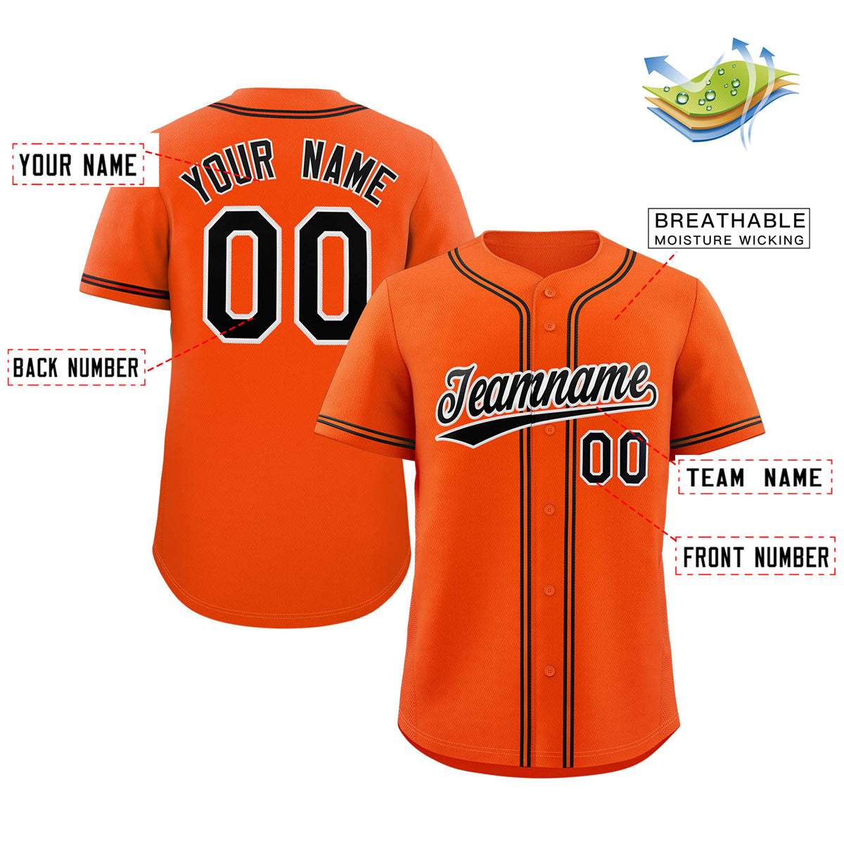 Maillot de baseball authentique de style classique orange noir-blanc personnalisé