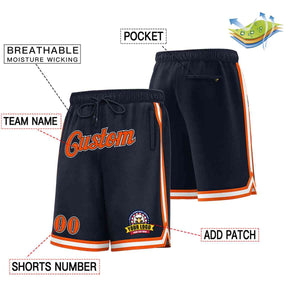 Short de basket-ball en maille de style classique, personnalisé, bleu marine, orange-blanc