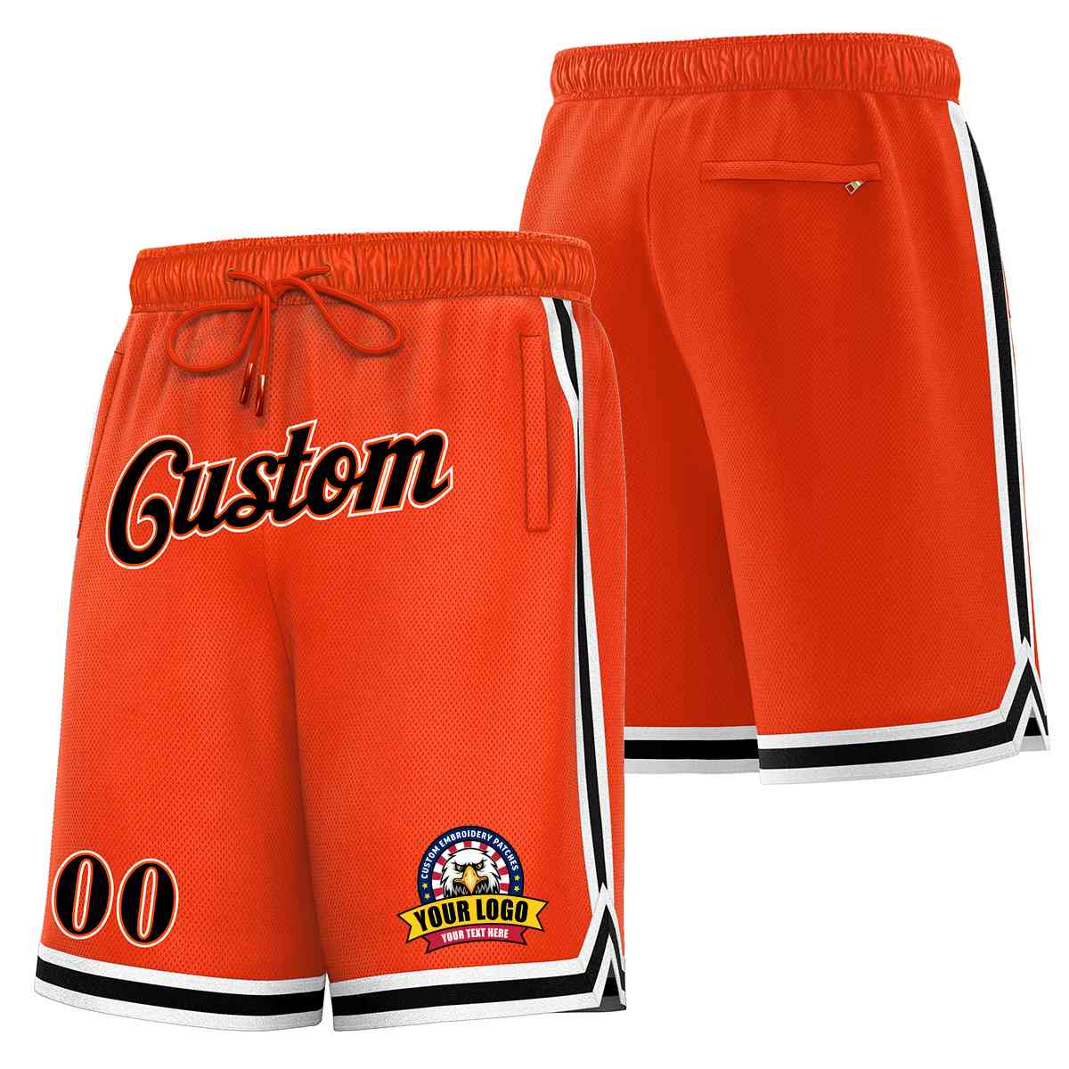 Short en maille de basket-ball de style classique orange noir-blanc personnalisé