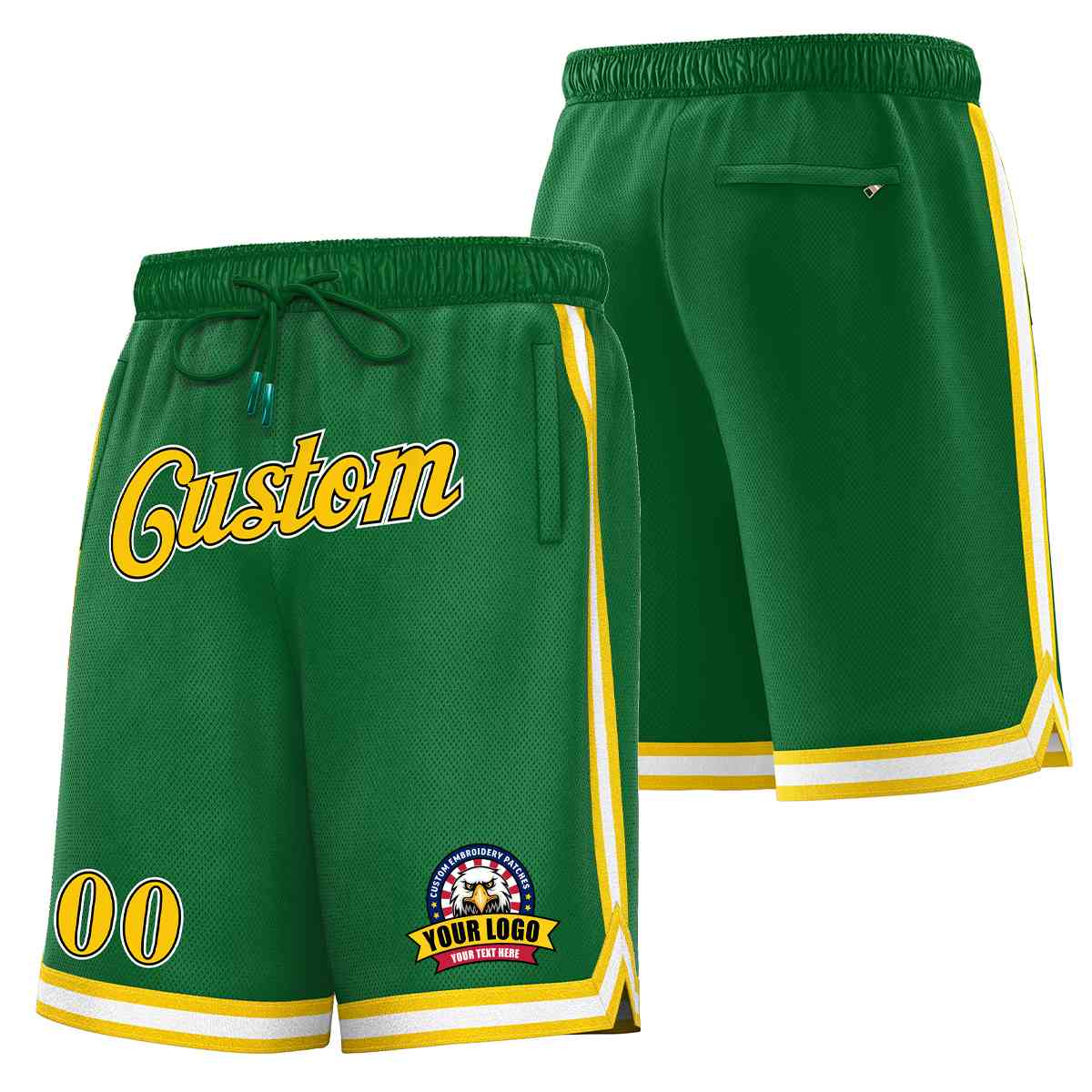 Short en maille de basket-ball de style classique Kelly vert or-blanc personnalisé