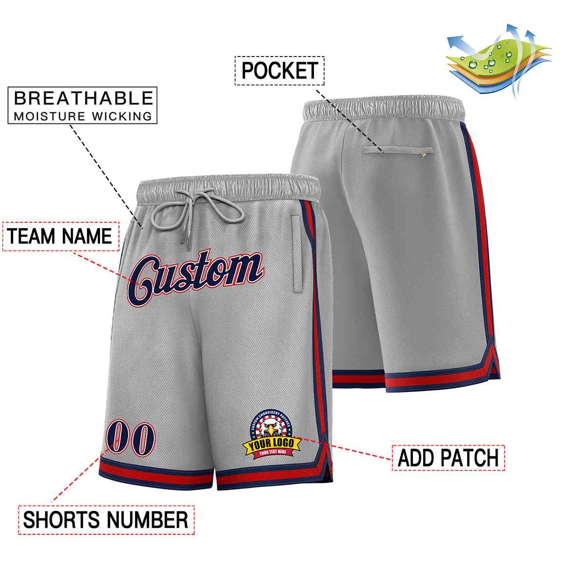 Custom Gray Navy-Red Classic Style Basketball Mesh Shorts