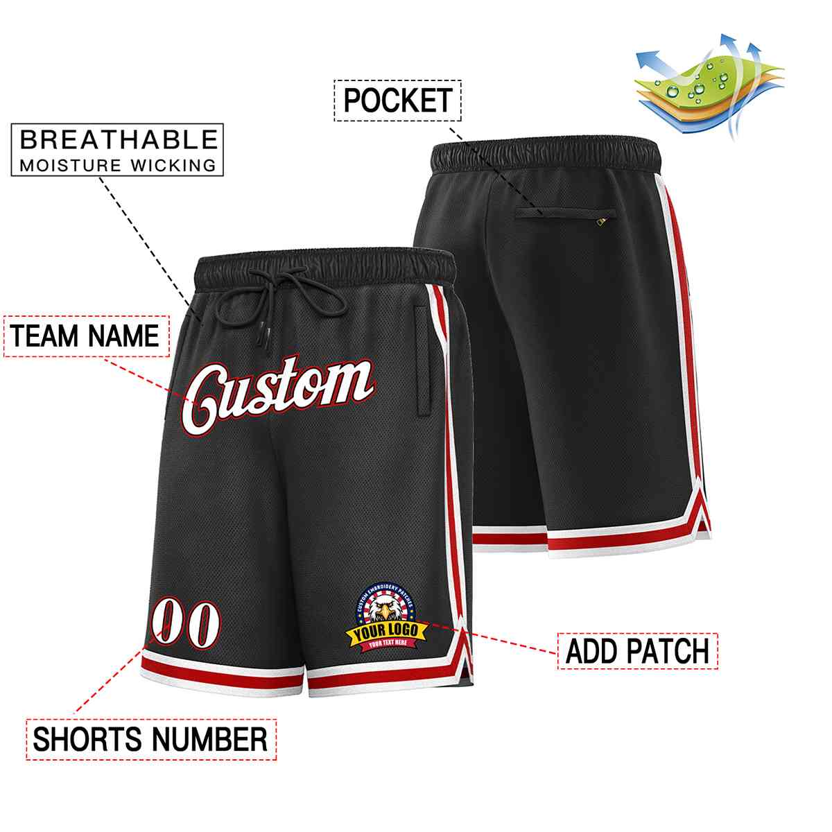 Custom Black White-Red Classic Style Basketball Mesh Shorts