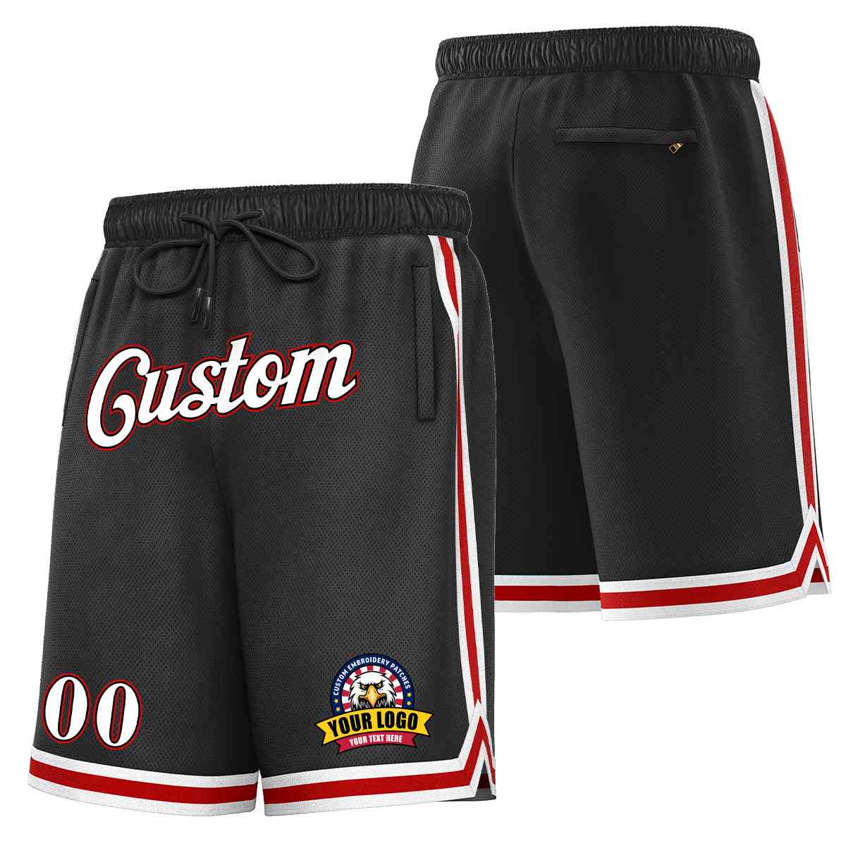 Short en maille de basket-ball de style classique noir blanc-rouge personnalisé