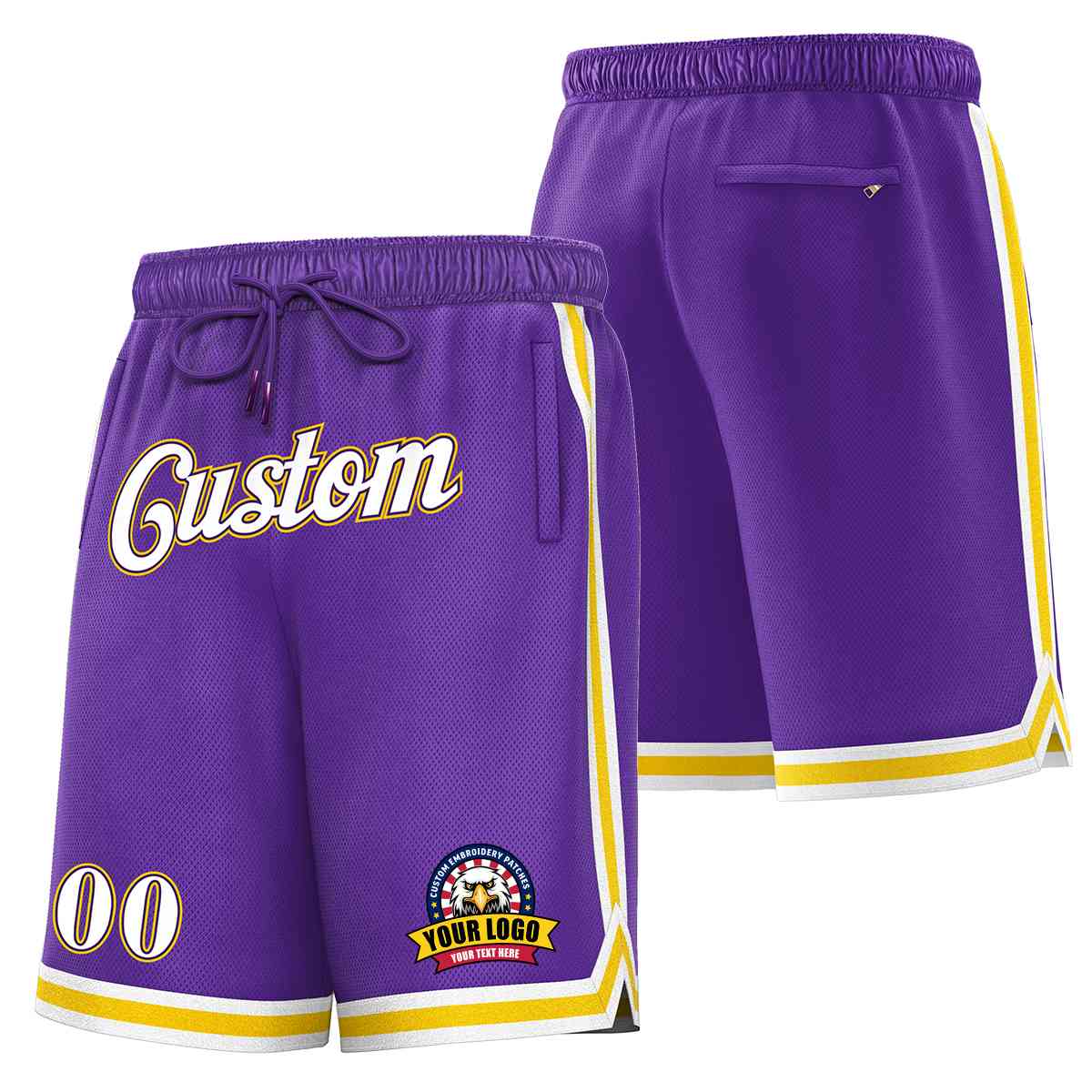 Short en maille de basket-ball de style classique violet blanc-or personnalisé