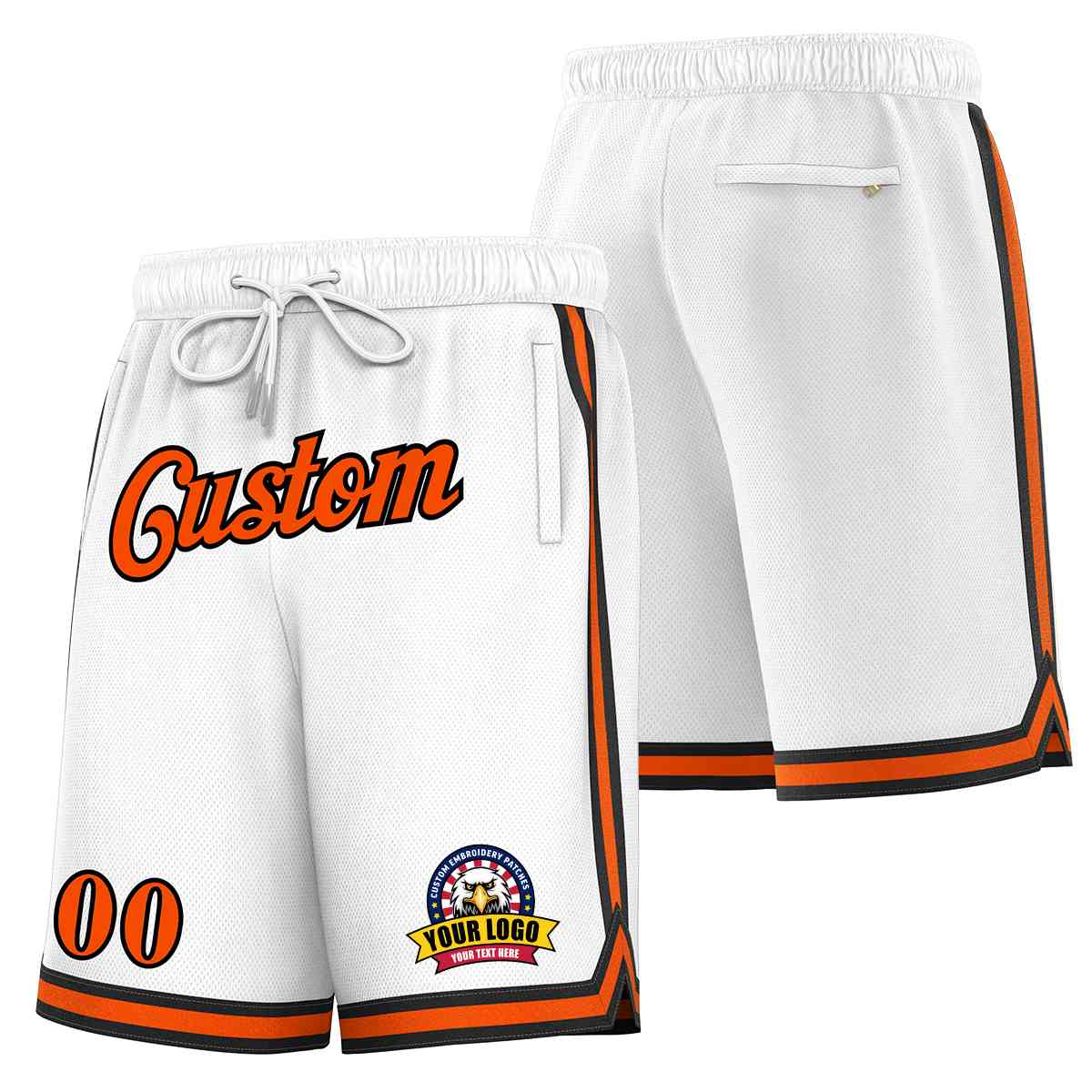 Short en maille de basket-ball de style classique blanc orange-noir personnalisé