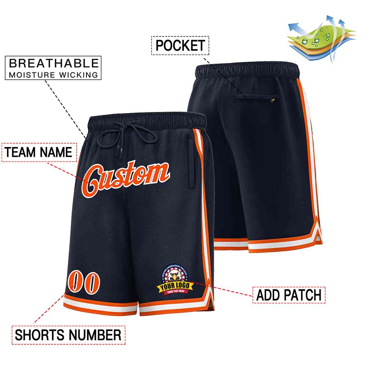 Custom Navy Orange-White Classic Style Basketball Mesh Shorts