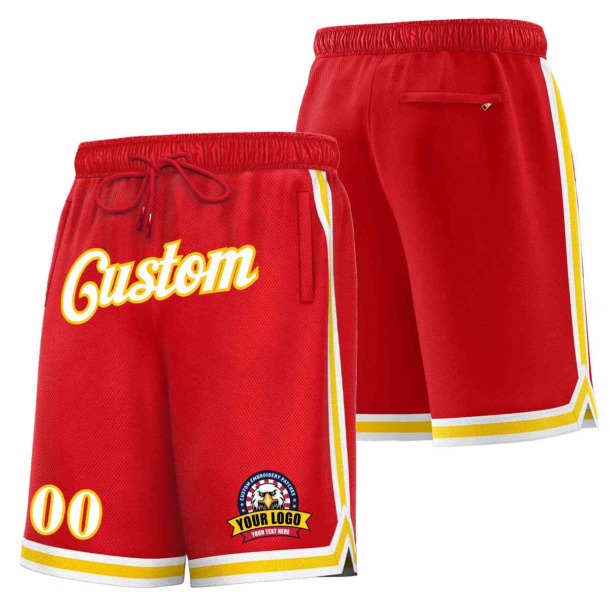 Short en maille de basket-ball de style classique rouge blanc-or personnalisé