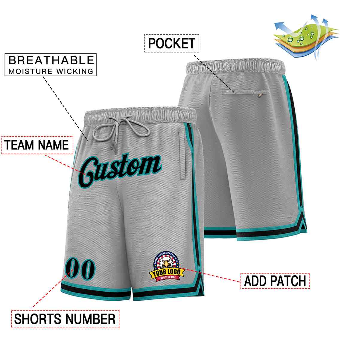 Custom Gray Black-Teal Classic Style Basketball Mesh Shorts