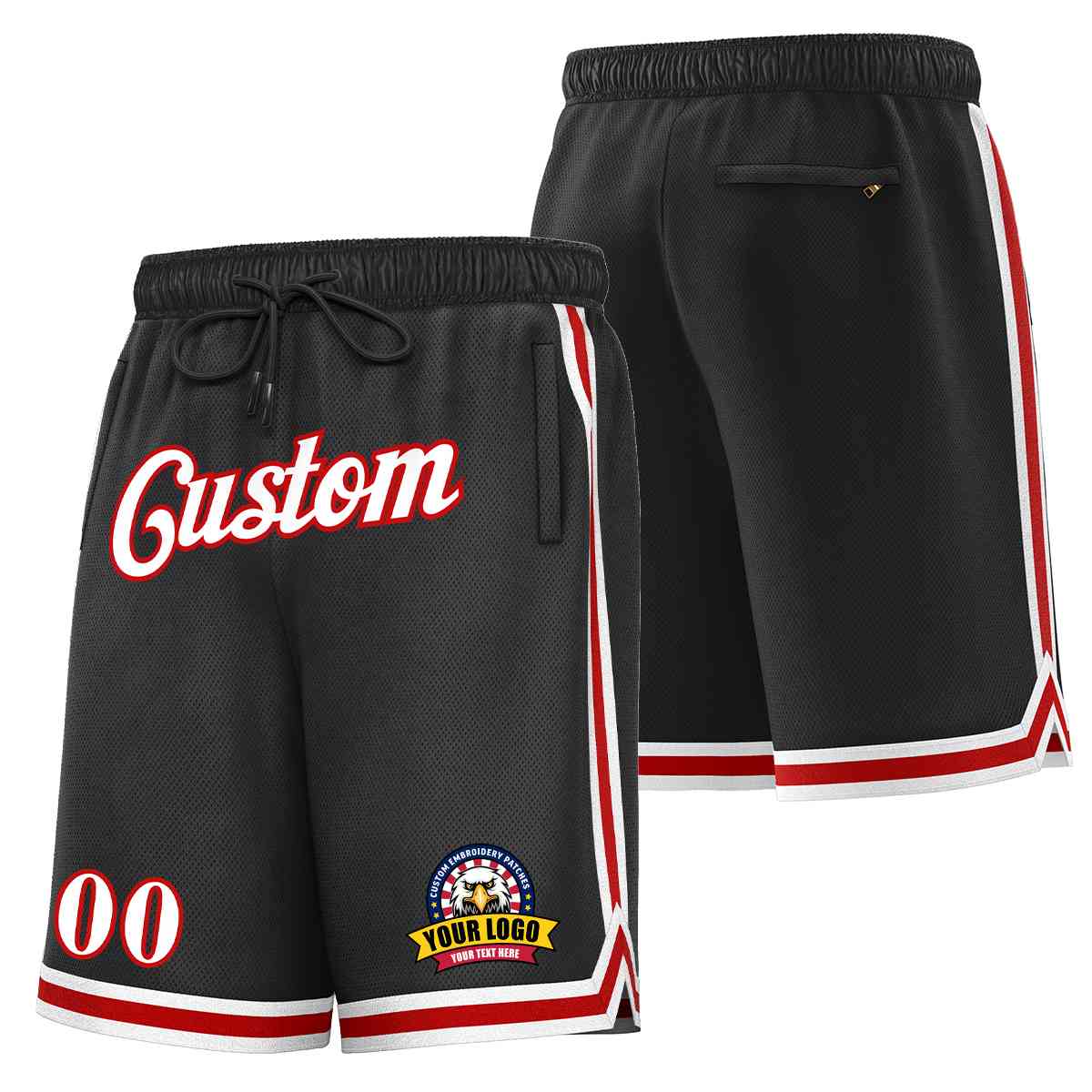 Custom Black White-Red Classic Style Basketball Mesh Shorts