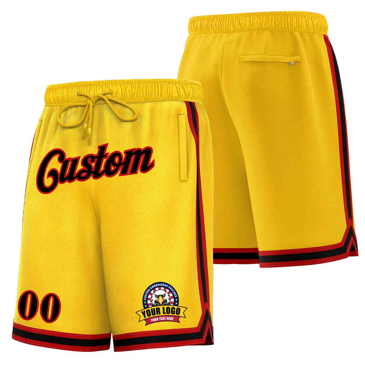 Short en maille de basket-ball de style classique noir-rouge personnalisé en or