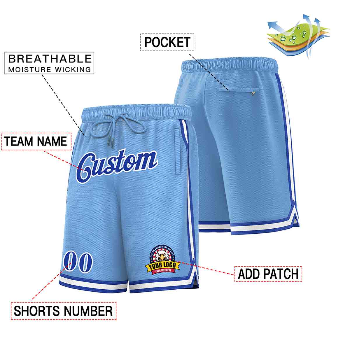 Custom Light Blue Royal-White Classic Style Basketball Mesh Shorts