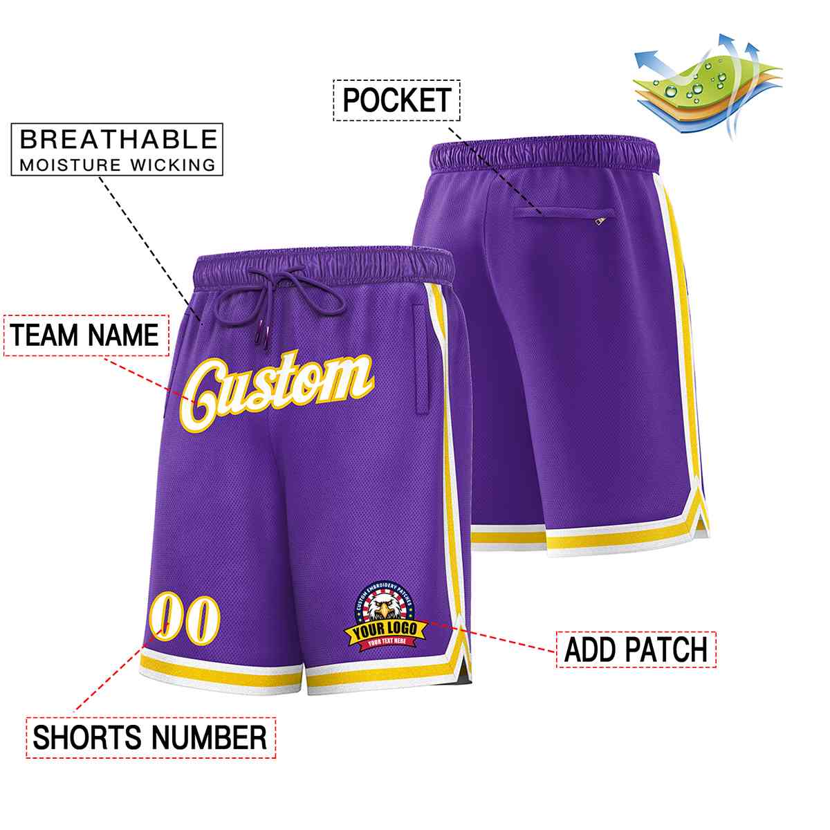 Short en maille de basket-ball de style classique violet blanc-or personnalisé