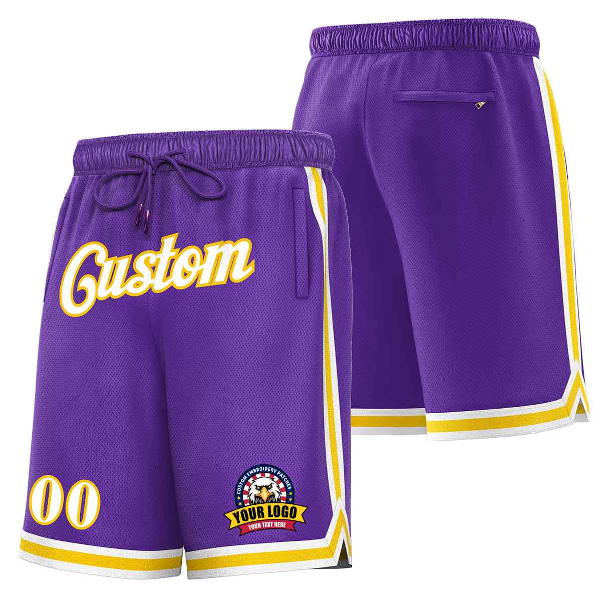 Short en maille de basket-ball de style classique violet blanc-or personnalisé