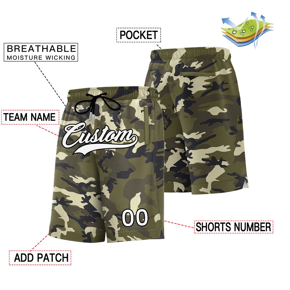 Short de basket-ball camouflage noir, vert, blanc, personnalisé