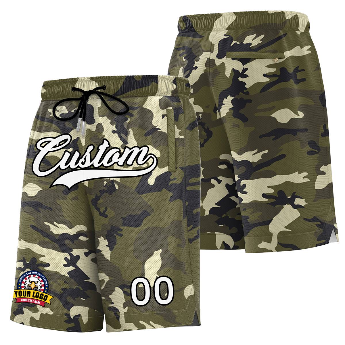 Short de basket-ball camouflage noir, vert, blanc, personnalisé