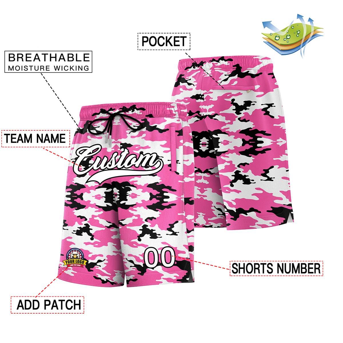 Custom Pink White Black Camo Basketball Shorts