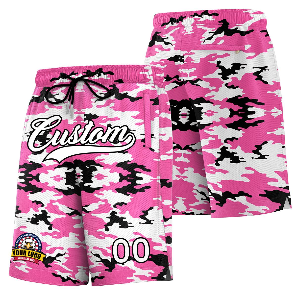 Short de basket-ball camouflage noir blanc rose personnalisé