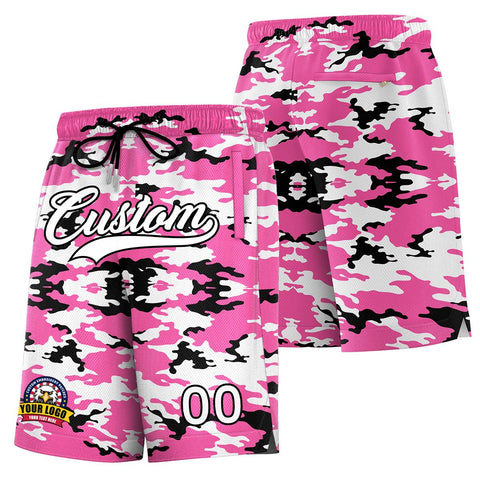 Custom Pink White Black Camo Basketball Shorts