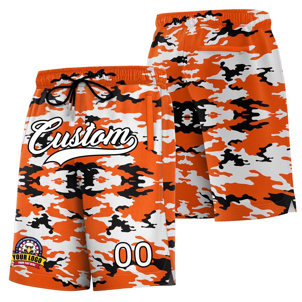 Short de basket-ball camouflage noir blanc orange personnalisé